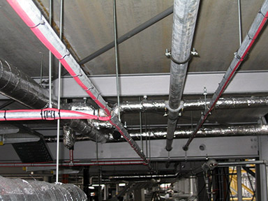 Heat trace cable installed for pipe freeze protection.